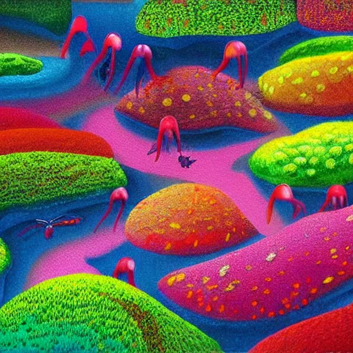 Prompt: photorealistic painting of a colorful fungus garden in a cave, birds eye view, Hiroo Isono, dark, foggy, cavern, shy beetles, river running through it