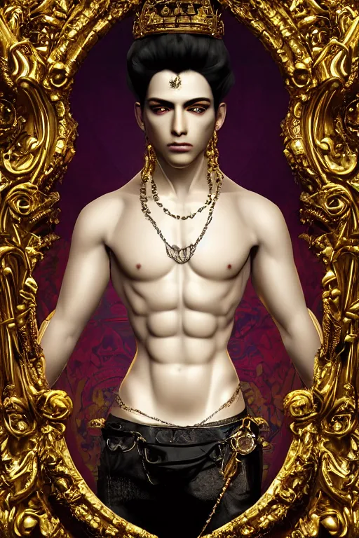 Image similar to baroque and cyberpunk style full-body sculpture of a young seductive Hispanic prince half android with a chest exposing a glowing ruby battery with porcelain arms posed like a model, glowing gold laser eyes, crown of white gears and sparkling diamonds, swirling white-colored silk fabric, robot dinosaurs. modern elements. reflective surfaces. intricate artwork by caravaggio. art by Artgerm and Alphonse Mucha, Trending on artstation, cinematic industrial lighting, photorealistic, octane render, 8k, depth of field, 3D