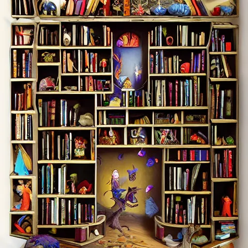 Image similar to enchanted bookshelves, in the style of colin thompson, highly detailed, playful fantasy