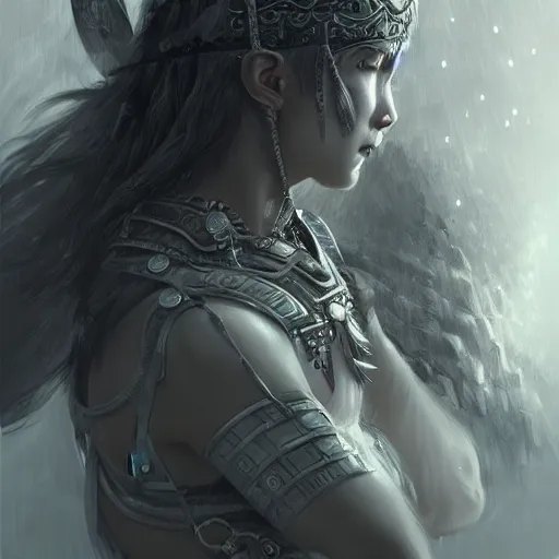 Image similar to beautiful extremely detailed intricate concept art depicting a warrior by wlop. shining jewelry. grey atmosphere. bcy. net