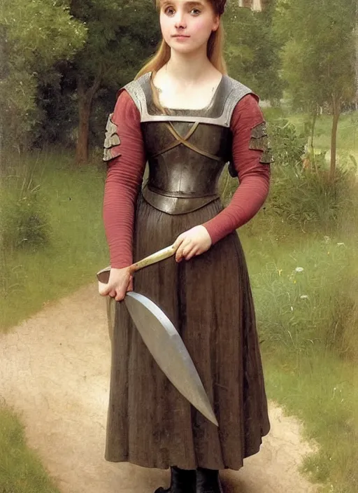 Prompt: annasophia robb wearing medieval armour and bowl haircut, bouguereau