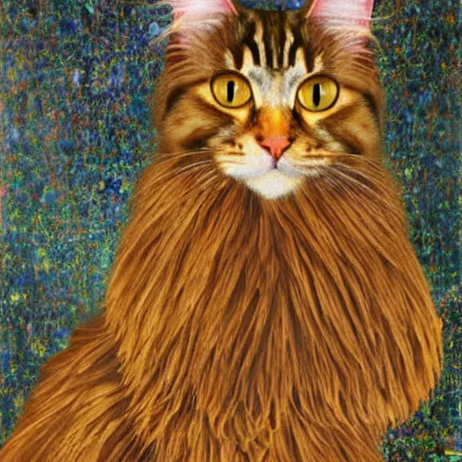 Prompt: A sitting maine coon cat in style of Klimt