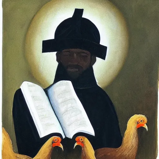 Prompt: “a painting of brown chickens on the head of a priest wearing black robes reading the bible in church”