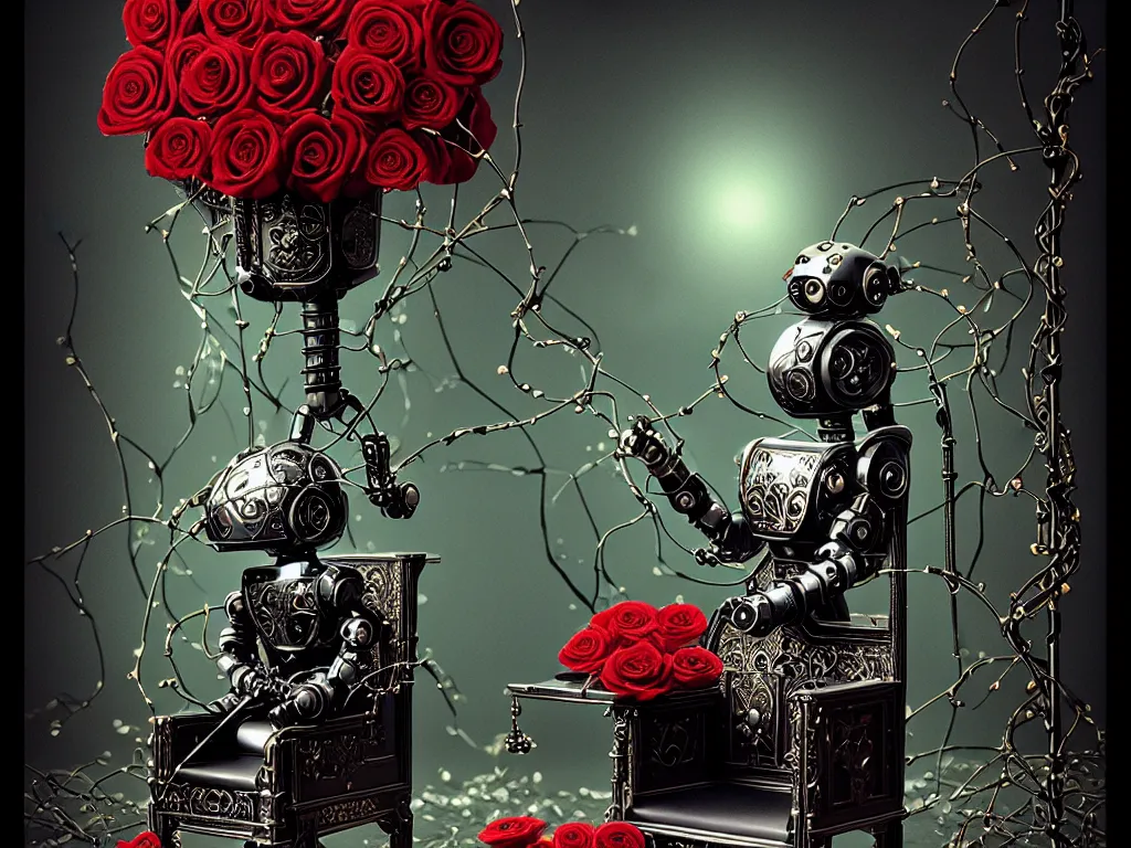 Prompt: robot helmet on a throne, roses with vines dripping black liquid, tarot card with ornate border frame, ornamented flowing jewelry, 4k, trending on artstation, hyper realistic, photorealistic, volumetric lighting, in the style of michael cheval,