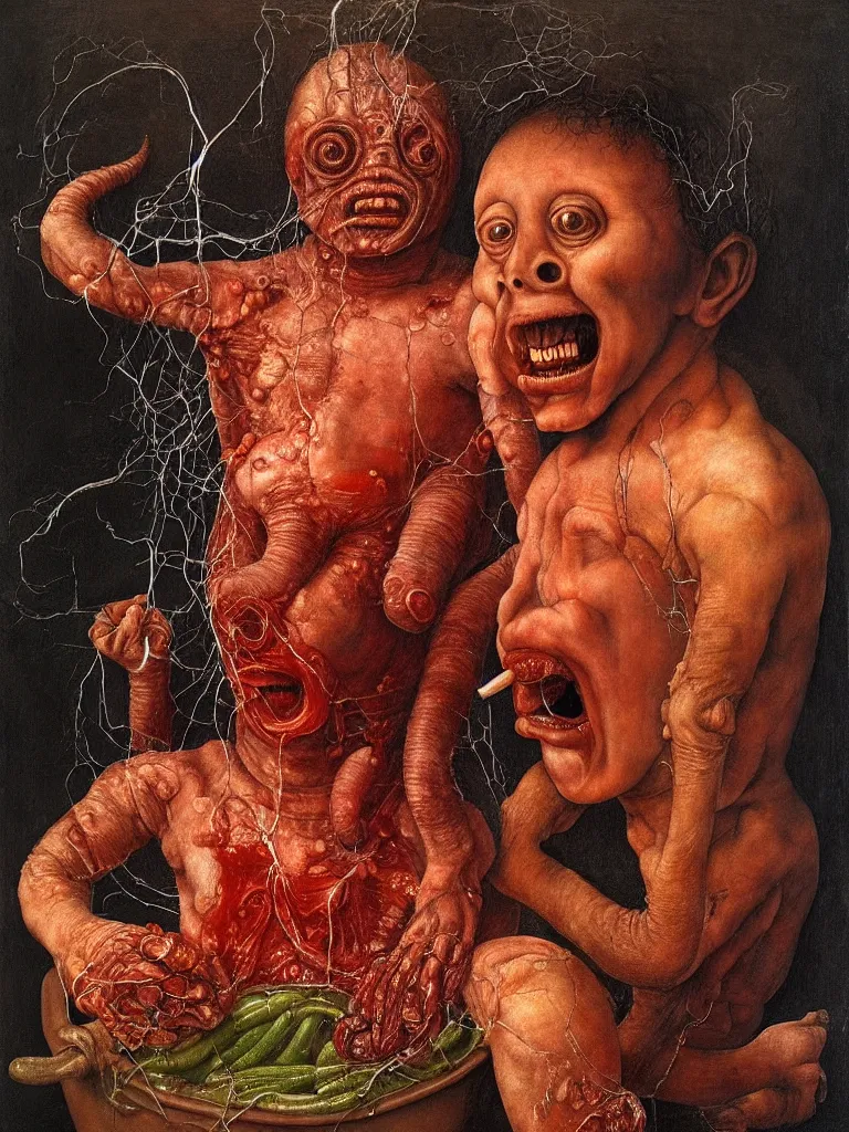 Image similar to a boy like eraserhead and elephant man sitting in a tub full of tomato sauce, looking straight at camera, screaming, by giuseppe arcimboldo and ambrosius benson, renaissance, fruit, intricate and intense oil paint, a touch of beksinski and hr giger and edward munch, realistic