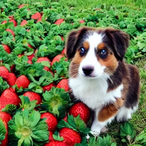 Prompt: a mini australian shepard wearing rubber boots while picking strawberries