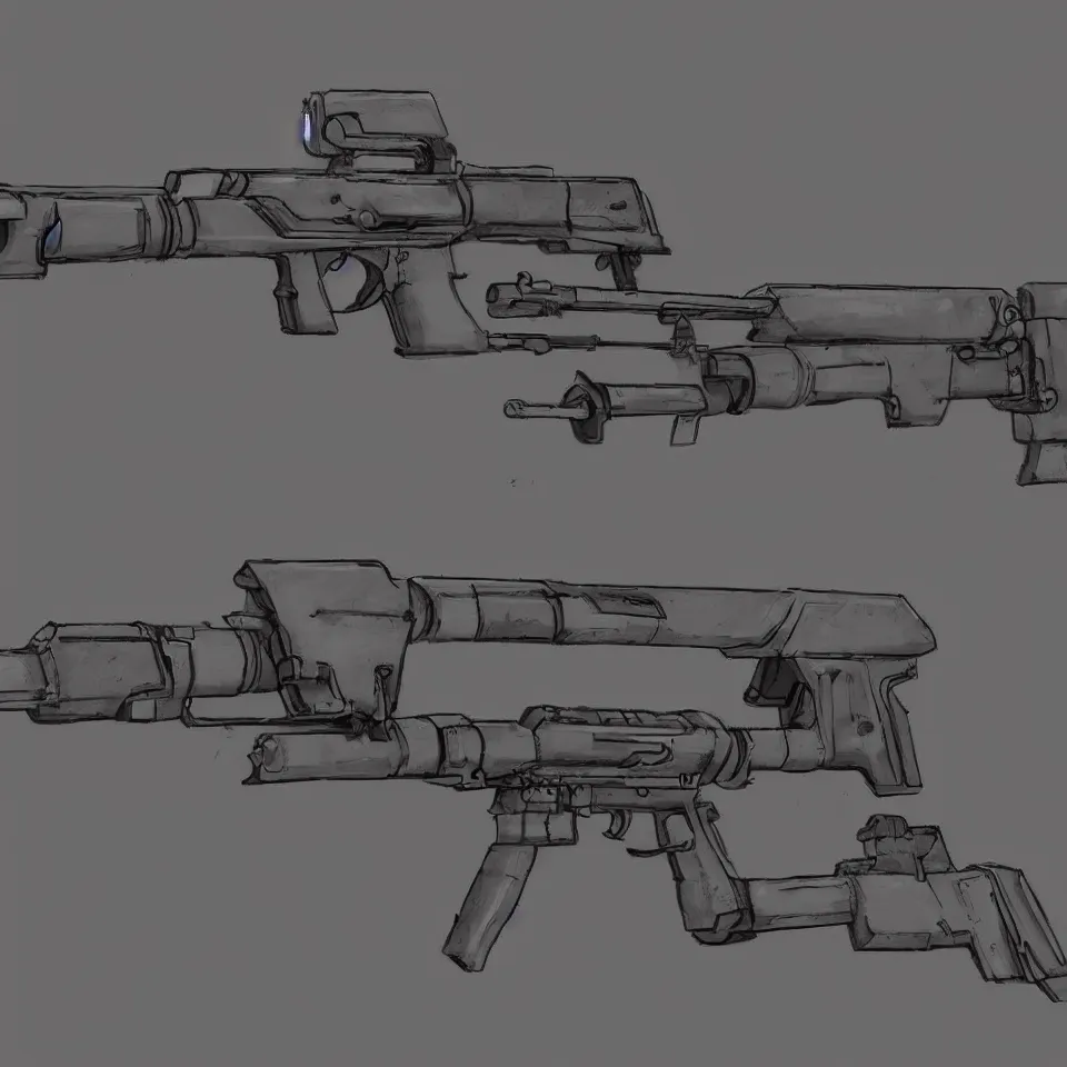 Image similar to concept art minimalist gun rifle weapon design all attachments