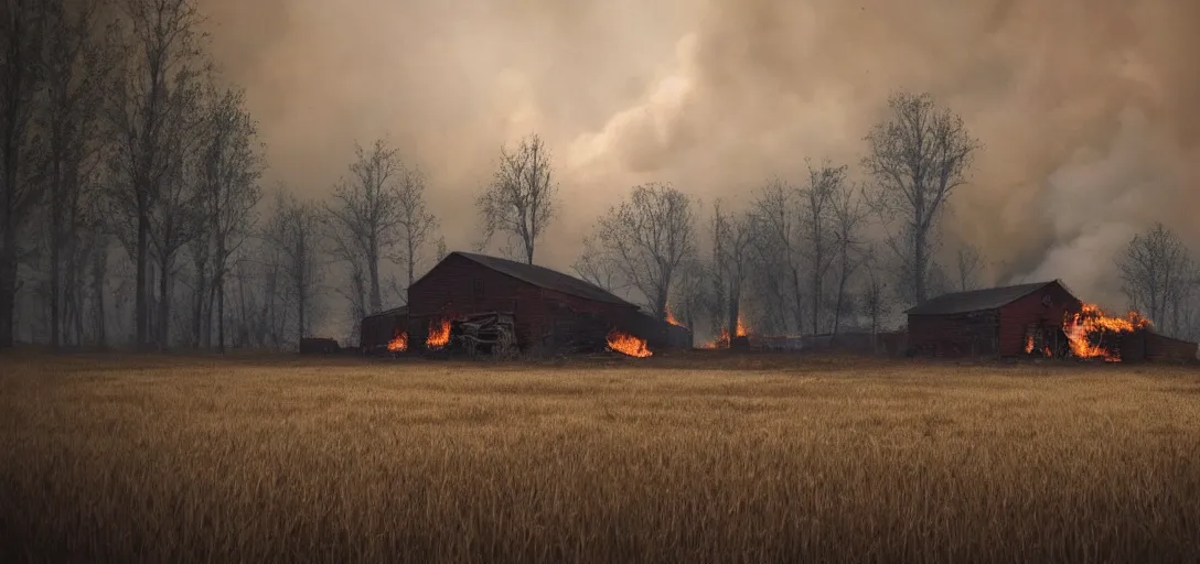 Prompt: full portrait of a desolate farm::forest behind the barn is on fire:: smoke, flames, dark, gloomy, horror, screaming:: insanely detailed, photorealistic::