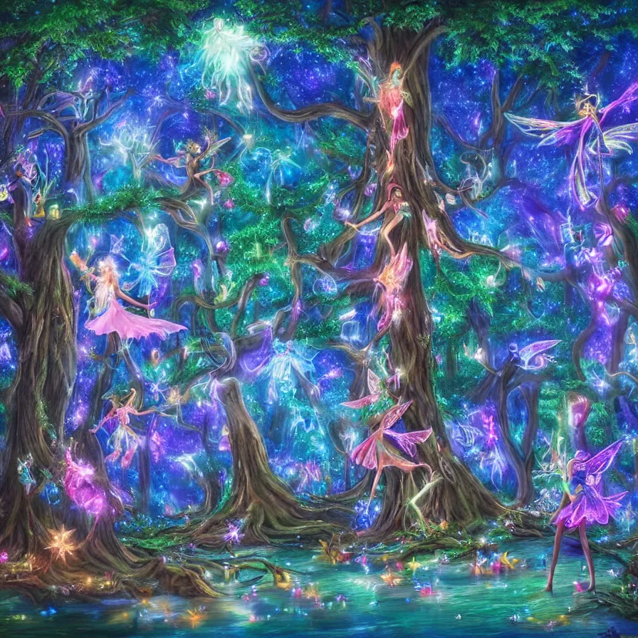 Image similar to a night carnival fairies around a magical tree next to a lake with iridiscent water, christmas lights, volumetric lightning, creatures and fantastic people disguised as fantastic creatures in a magical forest by summer night, masterpieceunderwater scene, masterpiece painted by kelton nelson, scene by night