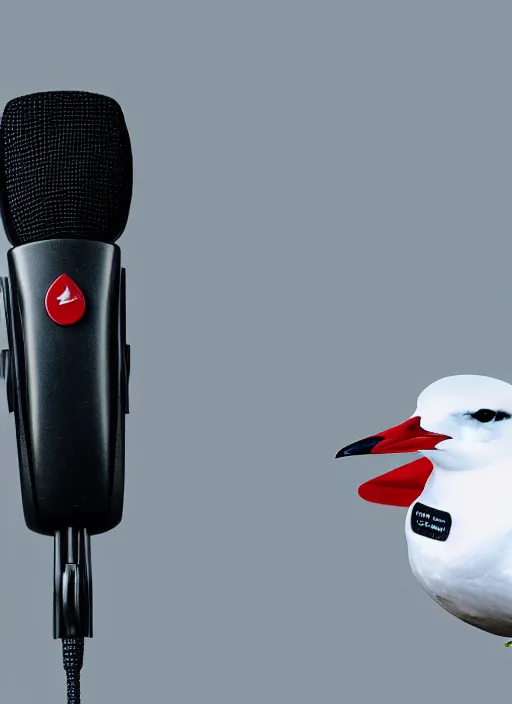 Image similar to arctic tern and seagull with headphones on their heads in front of a microphone recording a podcast in the studio, illustration, 8 k