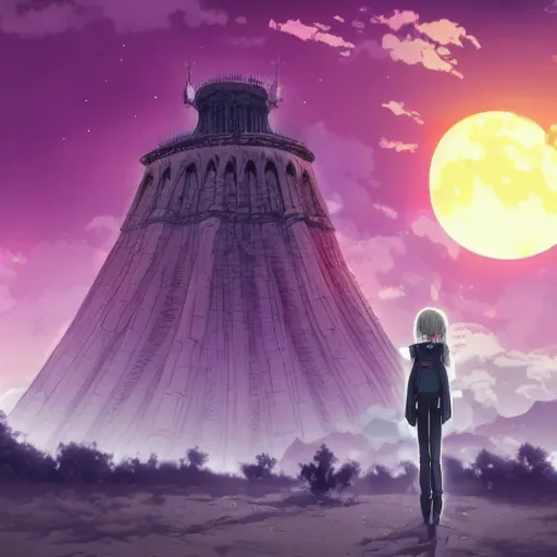 Image similar to Anime style, desert at night filled with monstrous beasts, tall white tower in the background, HD,