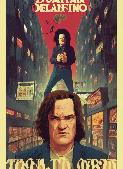 Prompt: poster artwork by Michael Whelan and Tomer Hanuka, Karol Bak of portrait of Quentin Tarantino the local video store kerk, from scene from Twin Peaks, clean, simple illustration, nostalgic, domestic, full of details