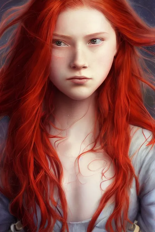 Image similar to ultra realistic style illustration of a beautiful cute red haired joyful and playful 1 9 year old teen girl ninja, full portrait, long hair, sci - fi, fantasy, intricate, elegant, digital painting, artstation, concept art, smooth, sharp focus, 8 k frostbite 3 engine, ultra detailed, art by artgerm and greg rutkowski and magali villeneuve