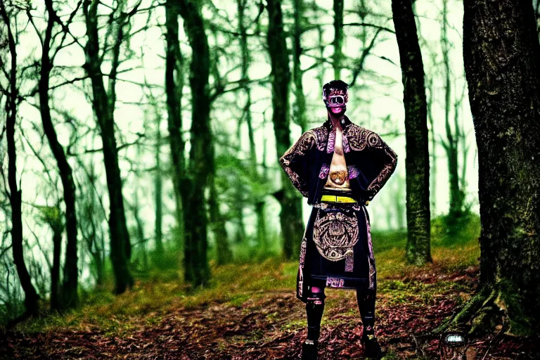 Image similar to versace avant garde male toga intricate textiles streetwear cyberpunk posing in the woods trees cloudy overcast dark late evening dramatic 3 5 mm professional color