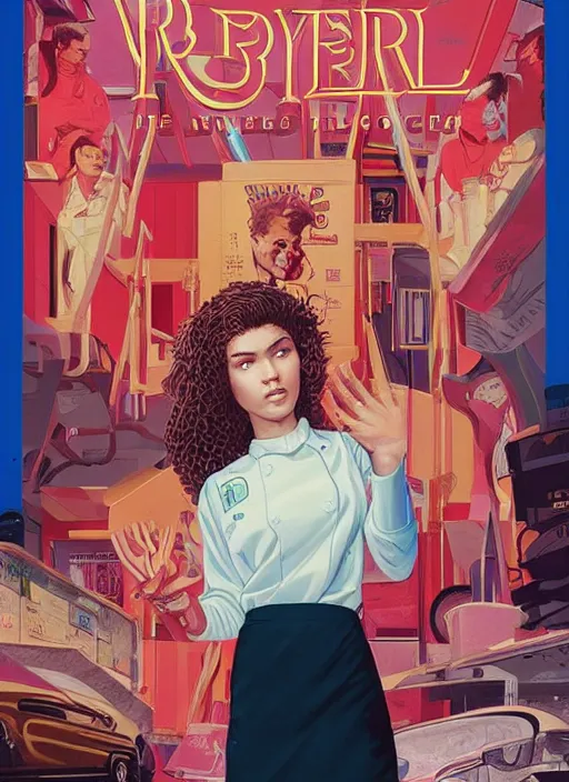 Image similar to poster artwork by michael whelan and tomer hanuka, karol bak, portrait of a high school student zendaya!!!!! wearing rr diner uniform working at the local diner, confectioner in a pastry shop, full length shot, shining, from scene from twin peaks, clean