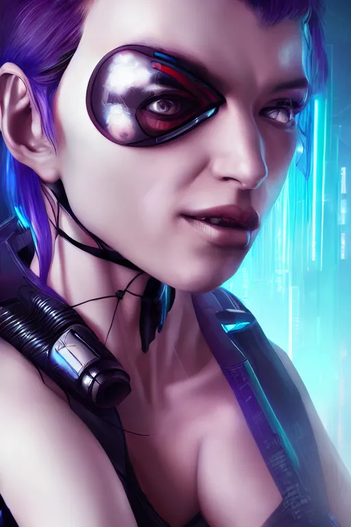Image similar to portrait of a cyberpunk V2) woman with biomechanichal parts by Artgerm, 35mm focal length, hyper detailled, 4K