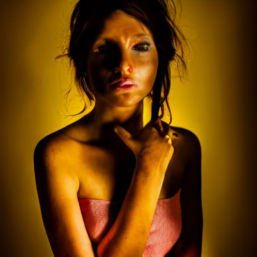 Prompt: a photo of a beautiful woman. moody and melanchony, dramatic lighting. with a little bit of tasteful yellow and red.