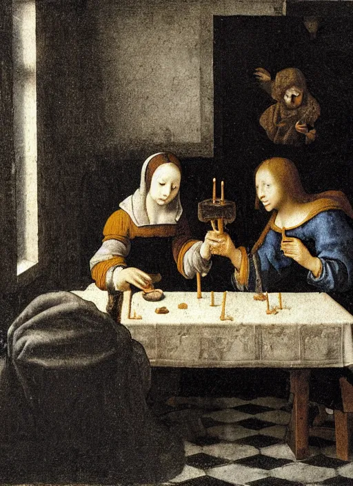 Prompt: a candlelit table at the inn, evening, dark room, two young people sitting at the table, swirling smoke, dark smoke, realistic, in the style of leonardo da vinci, dutch golden age, amsterdam, medieval painting by jan van eyck, johannes vermeer, florence