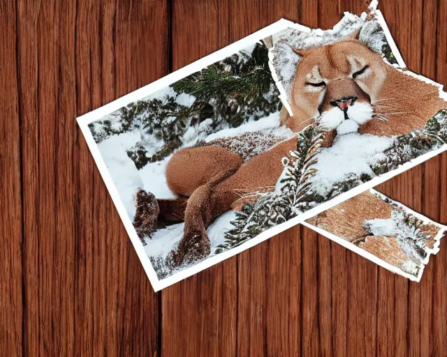 Prompt: ripped up postcard showing 'a cougar sleeping in the middle of snowy pine tree' laying on coffee table with stamp and damaged due to age, zoomed out shot, HD, iphone capture