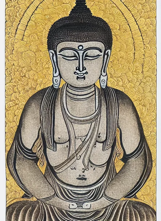 Image similar to detailed pen and ink illustration of a Buddhist bodhisattva with a bears head, anthropomorphic, seated in royal ease, 0.2 black micron pen on white paper, gilded gold halo behind head, highly detailed, fine pen work, white background, in the style of Olivia Kemp