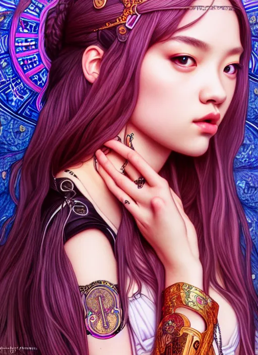 Image similar to jossi of blackpink, king, tarot card, highly detailed, digital painting, smooth, sharp focus, illustration, ultra realistic, 8 k, art by artgerm and alphonse mucha