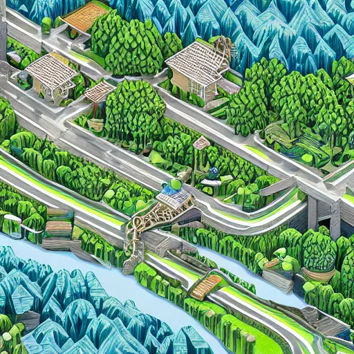 Image similar to Isometric view of a society living on multiple tree houses connected by bridges, intricate, illustration, hyper detailed, detailed