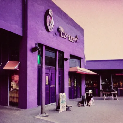 Prompt: low angle wide shot of desert city Night Vale pizzeria, with blurred figures in dark hoodies, in the lilac sunset, lomography, polaroid photo, by Warhol,