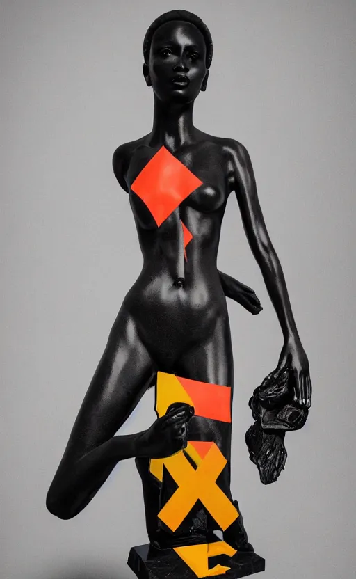 Image similar to extremely beautiful female black marble statue in the style of virgil abloh, colorful motocross logos behind her, sharp focus, clear, detailed,, cinematic, detailed, off white, glamourous, symmetrical, vogue, editorial, fashion, magazine shoot, glossy