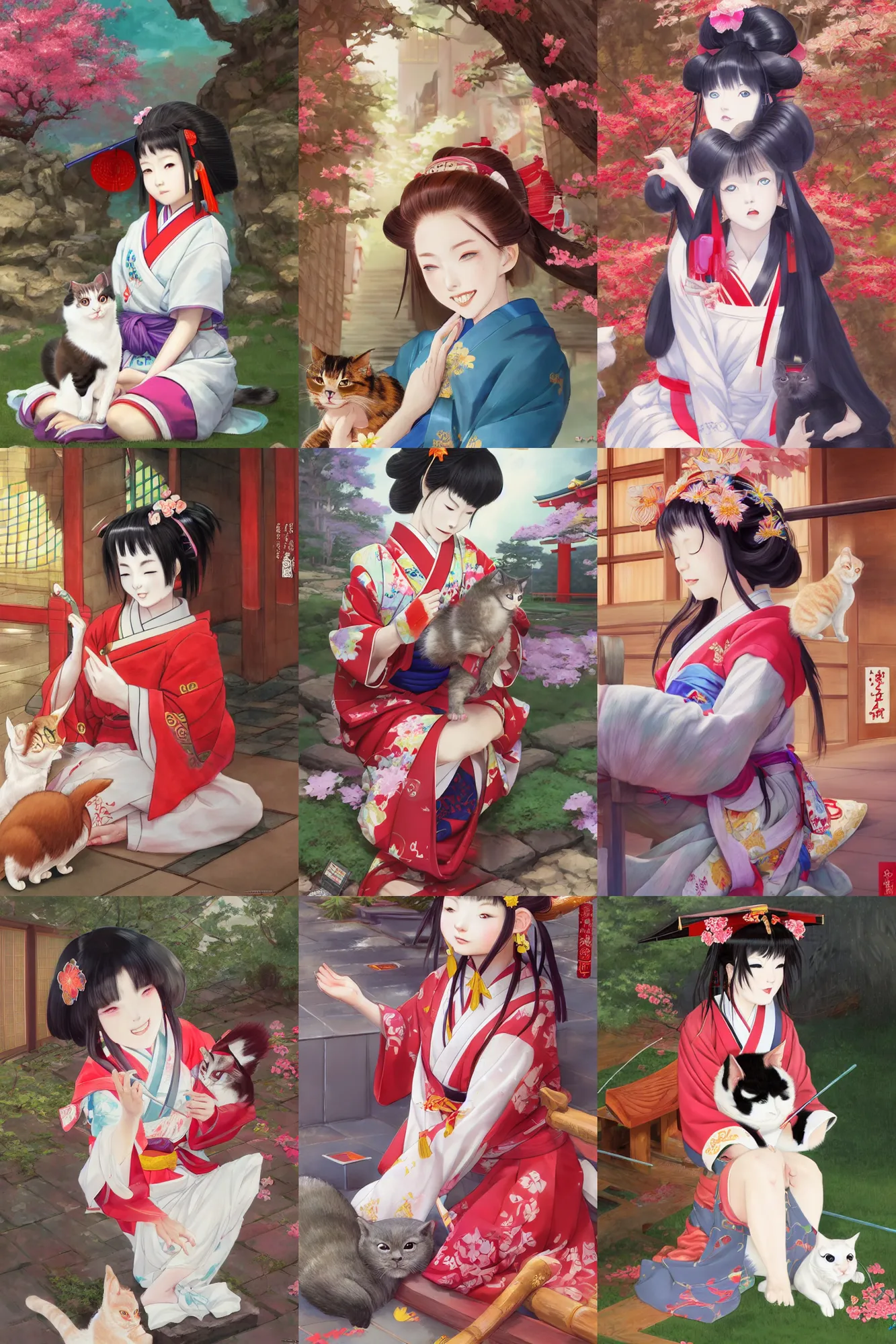 Prompt: a beautiful shrine maiden sitting in a japanese temple petting a cat | | cute - fine - subtle smile, colorful hair, face, pretty face, fine details by stanley artgerm lau, wlop, rossdraws, james jean, andrei riabovitchev, marc simonetti, and sakimichan, trending on artstation