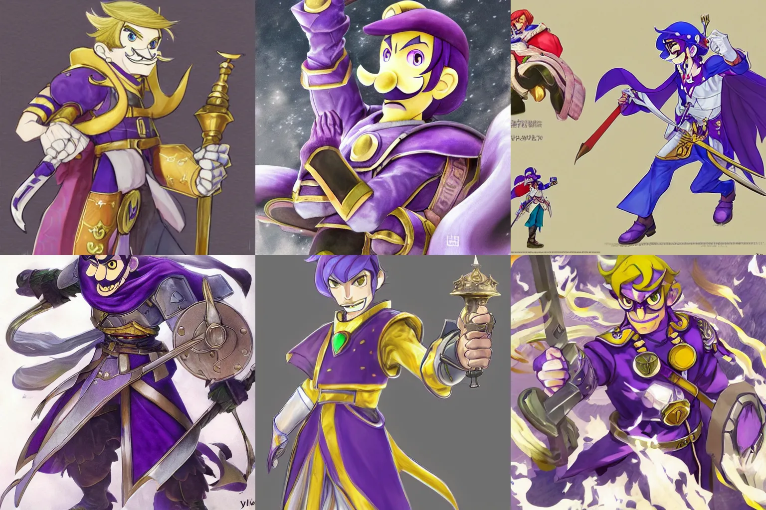 Prompt: concept art of waluigi as a fire emblem character, detailed illustration by Yusuke Kozaki and Hidari