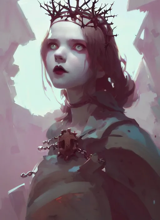 Image similar to portrait of cute goth maiden girl with crown of thorns, warhammer, cyberpunk, by atey ghailan, by greg rutkowski, by greg tocchini, by james gilleard, by joe fenton, by kaethe butcher, dynamic lighting, gradient light blue, brown, blonde cream and white color in scheme, grunge aesthetic