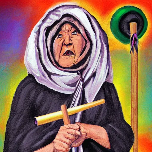 Prompt: a babushka hits a gong with a drumstick that looks like a cigarette, digital art