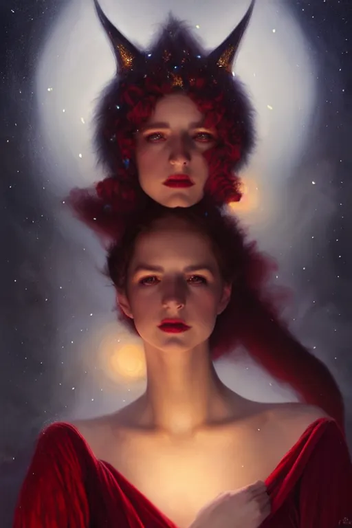 Prompt: Nocturne, glowing, stars, a portrait of a beautiful female shadow djinn creature with long fur collar, highly detailed, mysterious, ethereal, dressed in red velvet, haute couture, illustration, dramatic lighting, soft details, painting, by Edmund Blair Leighton, Brom, Charlie Bowater, trending on artstation, faces by Tom Bagshaw, otto schmidt