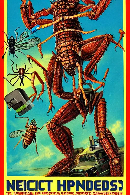 Prompt: insectoids culling puny humans, giant insect monsters, movie poster, digital science fiction pulp art