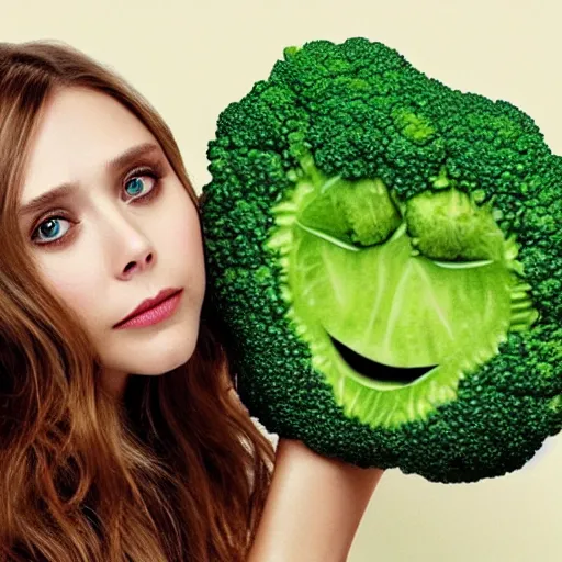 Prompt: elizabeth olsen with a [ [ broccoli face ] ]!!, trending on cgsociety, 4 k quality, intricate