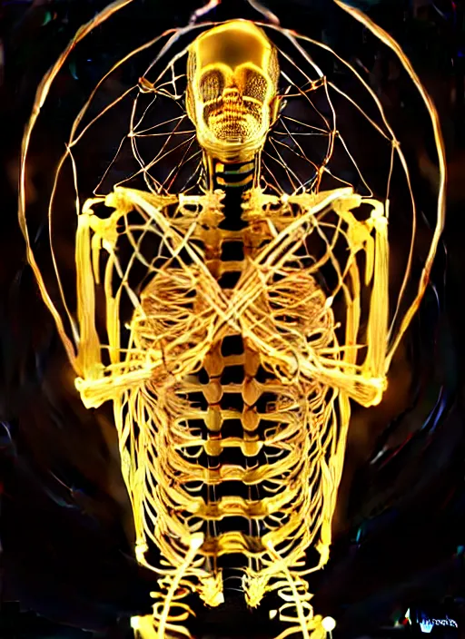 Prompt: parametric mechanical skeleton with human face, wires, glowing internal light, hyperdetailed, by alex grey, intricate linework, faberge, intricate gold linework, dark atmosphere, unreal engine 5 highly rendered, global illumination, radiant light, detailed and intricate environment