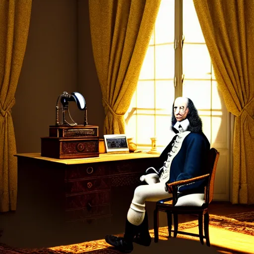 Image similar to An extremely detailed render of a 200 years old man with very old clothes, sitting at his Louis XIV desk, with very old curtains in the room, very old room. The very very very old man has a 1880 phone on his desk. Dust in the air, god rays, raytracing shadows, ambient occlusion, 8K, RTX 3090, trending on artstation, lumens