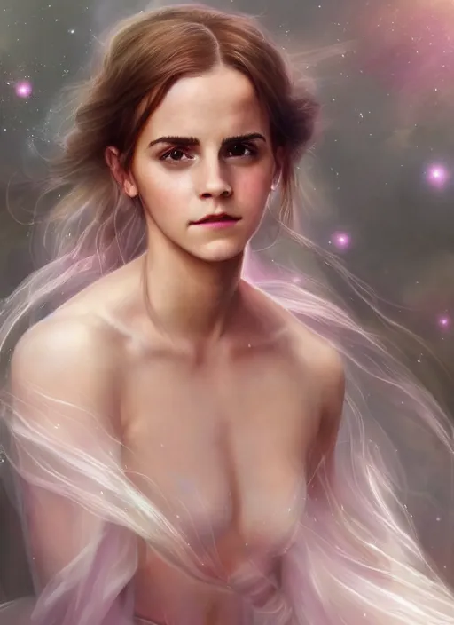 Image similar to emma watson as nature magic celestial, long hair, soft pink and white transparent cloth, space, D&D, shiny background, intricate, elegant, highly detailed, digital painting, artstation, concept art, smooth, sharp focus, illustration, artgerm, bouguereau