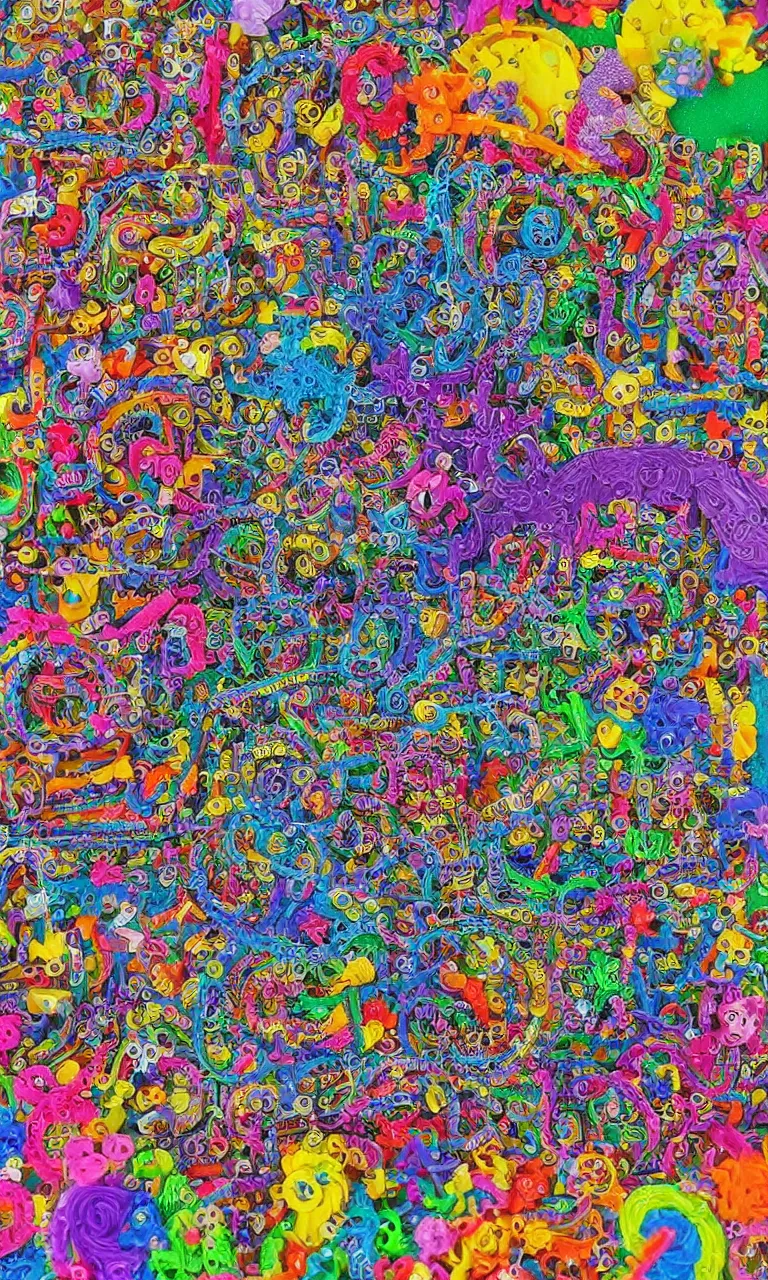 Image similar to an incredibly detailed masterpiece made out of pipecleaners of a I SPY puzzle by bosch and lisa frank, ornate, beautiful, rainbow colors, detailed, high resolution, wow!, intricate