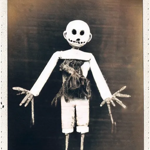 Image similar to alive, creepy marionette puppet, clockwork horror, pediophobia, lost photograph,, dark, forgotten, final photo found before disaster, polaroid,