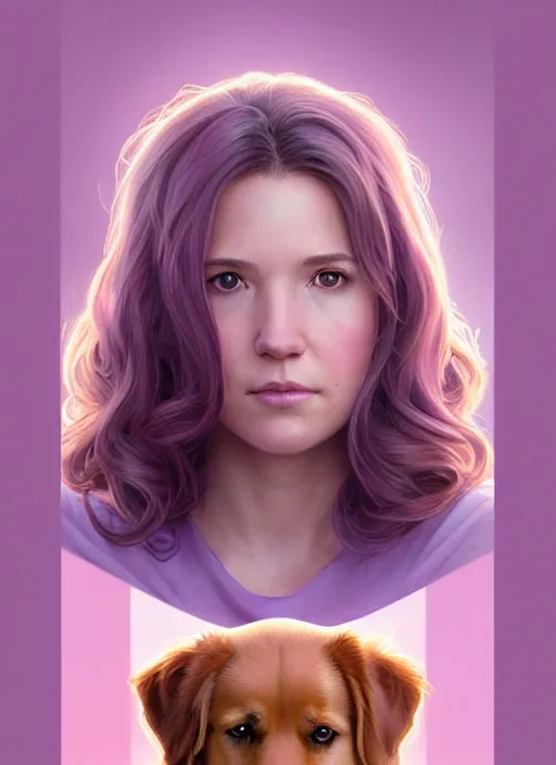 Prompt: Portrait of Kate Bishop and Lucky the Golden Retriever Dog, Marvel, Hawkeye, fantasy, symmetrical face, blush, intricate, cute, elegant, light purple mist, highly detailed, digital painting, artstation, concept art, matte, sharp focus, illustration, art by Artgerm and Greg Rutkowski and Alphonse Mucha