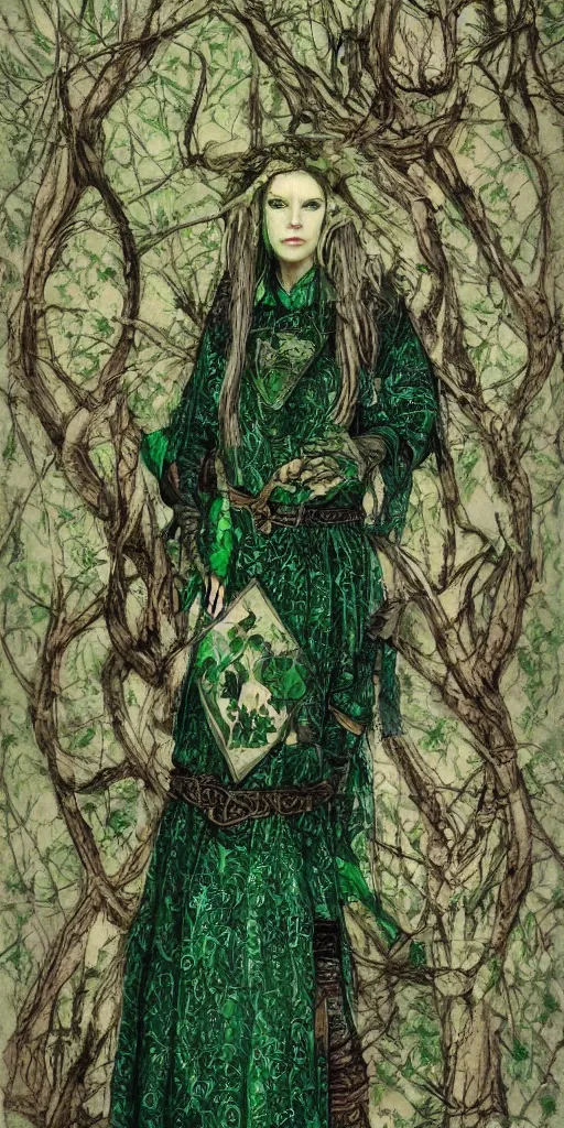 Prompt: portrait of a female medieval forest shaman female, wicca symbols dnd, green patterned clothes with stitched magical symbols, by bayard wu