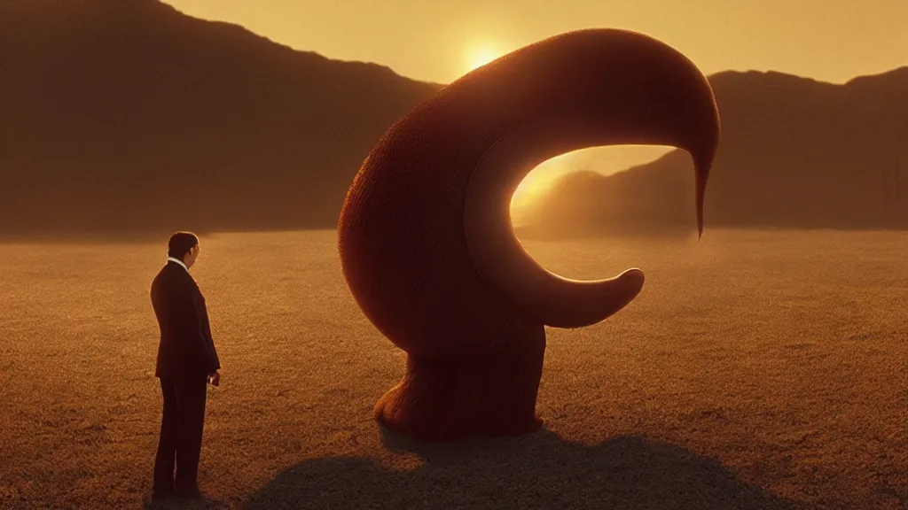 Image similar to the strange creature at the office that hates me, made of oil and water, film still from the movie directed by Denis Villeneuve with art direction by Salvador Dalí, golden hour