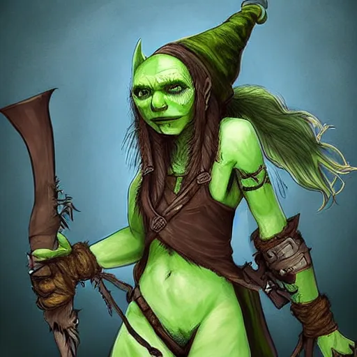 Image similar to cute tiny orc girl with green skin wearing hunter armor from Bloodborne and a wizard hat, d&d, art by Zone