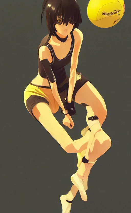Image similar to manga style, realistic lighting, realistic anatomy, solid colors, made by ilya kuvshinov and and greg rutkowski, safebooru, from arknights, portrait of female beach volley player, standing pose, futuristic yellow lens, sport clothing, simple background