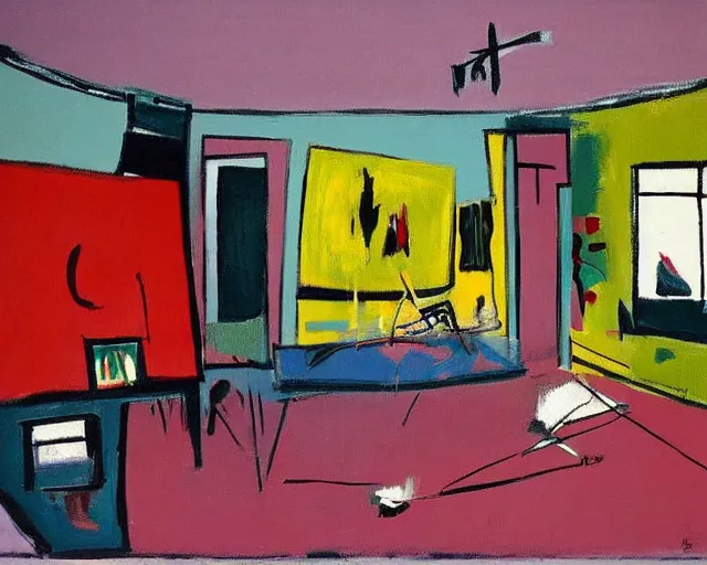 Image similar to painting of an empty living room by graham sutherland, basquiat, neo - expressionism, pastel colors!!!