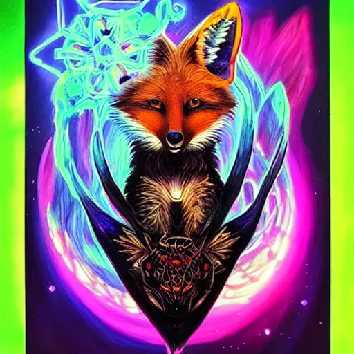 Prompt: a stylized realistic blacklight painting of an avatar of an awesome powerful cosmic horror foxfolk mage with a fox skull for a face with hummingbird feathers for fur themed around death and astronomy, in the style of dnd beyond avatar portraits, beautiful, artistic, elegant, lens flare, magical, lens flare, nature, realism, stylized, art by jeff easley