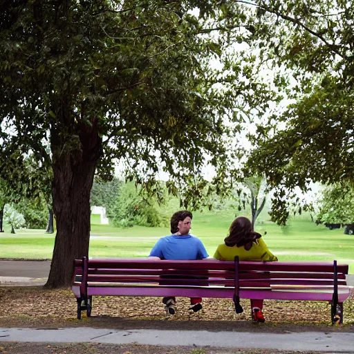 Prompt: a couple sitting on a park bench