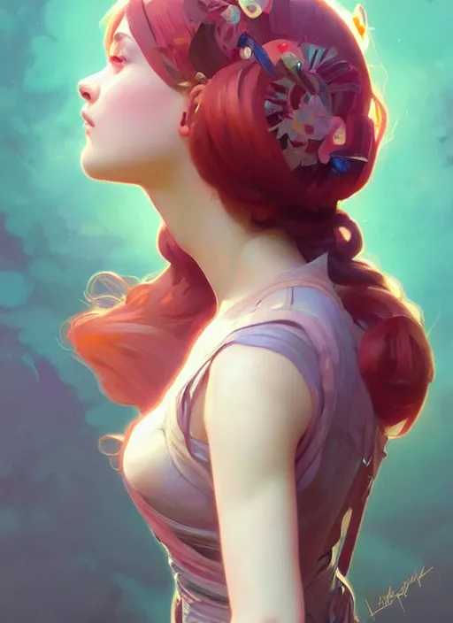 Image similar to portrait of a cute egirl, colorful, elegant, highly detailed, geek, brunette, uwu, digital painting, artstation, concept art, smooth, sharp focus, illustration, art by artgerm and greg rutkowski and alphonse mucha