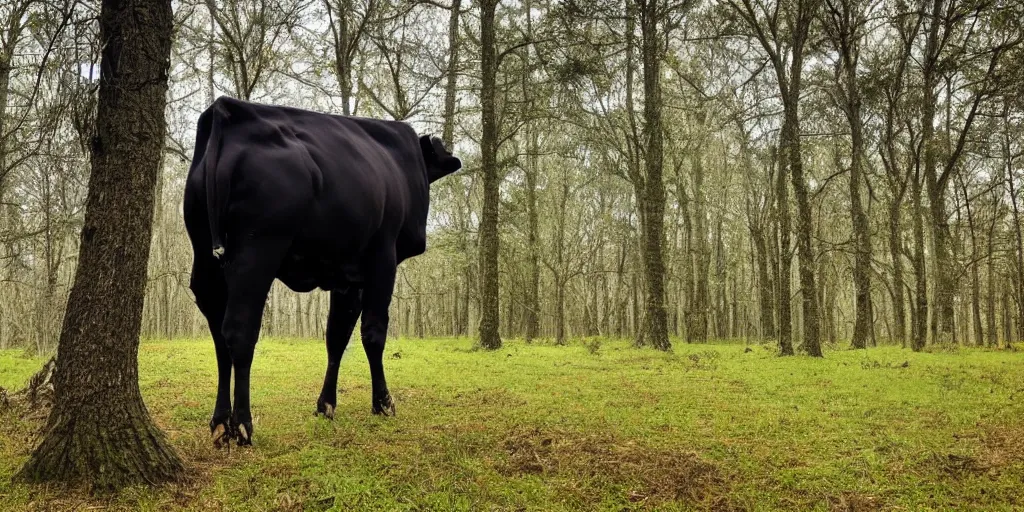 Image similar to photo of a cow standing on 2 legs hiding behind a tree in a dark gloomy forest